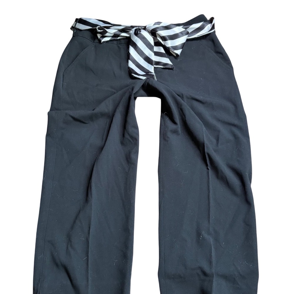 Y2K Office Siren Black Stretch Dress Pants with Striped Sash‎ Belt Size 12